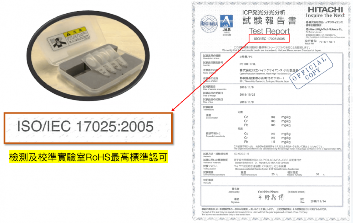 檢測及校準實驗室採用最高規範ISO/IEC 17025:2005一級實驗室Hitachi標準品