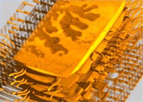 3D CT:半導體封裝結構立體重建 3D CT重建影像,呈現晶粒、打線與孔洞缺陷
